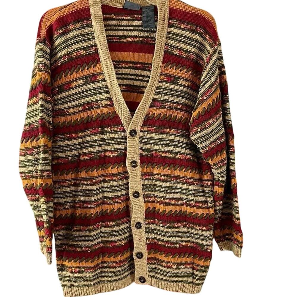 Vintage Liz Wear Multicolor V-Neck Cardigan Sweater Woven Lace Details Small Pet